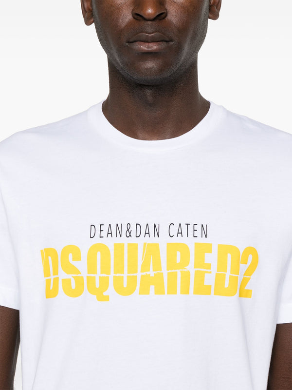 Dsquared2 Yellow Split Printed Logo T-Shirt in White