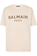 Balmain Brown Logo Print T-Shirt in Ivory Brown