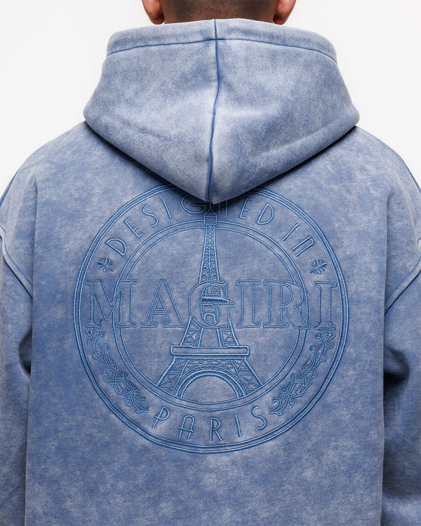 Magiri Embroidered Acid Wash Hoodie in Washed Blue