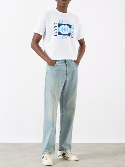 Gucci Interlocking 'G' Blue Logo T-Shirt in White