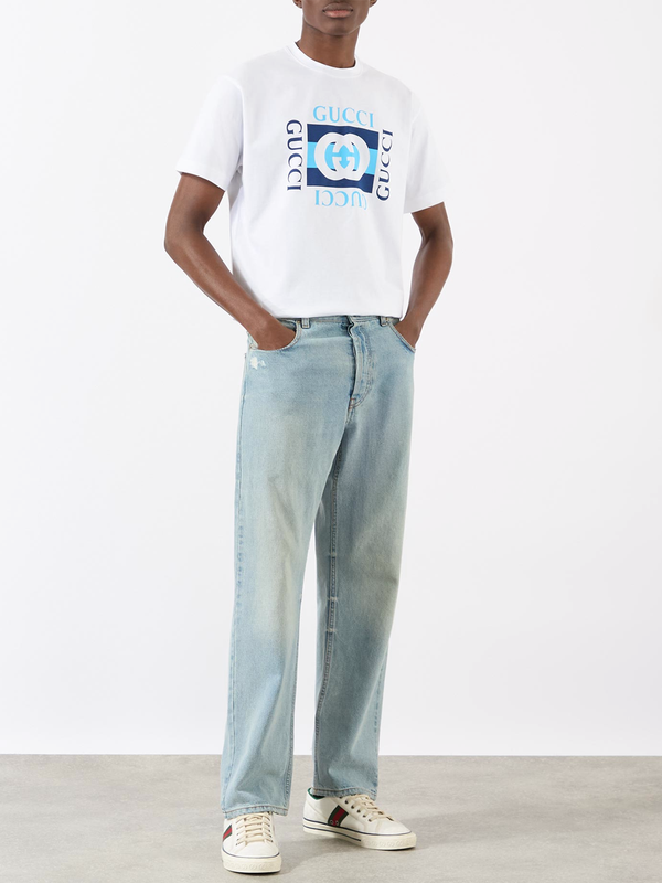 Gucci Interlocking 'G' Blue Logo T-Shirt in White