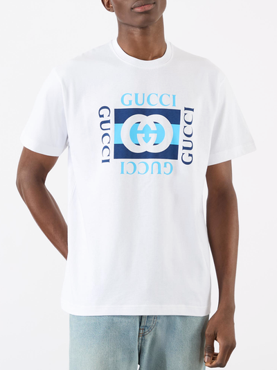Gucci Interlocking 'G' Blue Logo T-Shirt in White