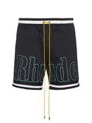 Rhude Exclusive Blue Outline Logo Swim Shorts in Black
