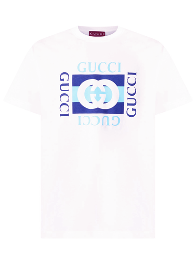 Gucci Interlocking 'G' Blue Logo T-Shirt in White