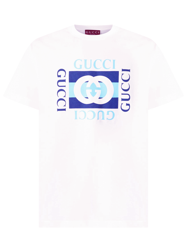 Gucci Interlocking 'G' Blue Logo T-Shirt in White